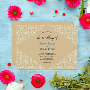 Elegant Chic Script Damask Beige Formal Wedding Invitation