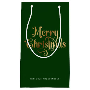 Elegant Chic Script Green Gold Merry Christmas Small Gift Bag
