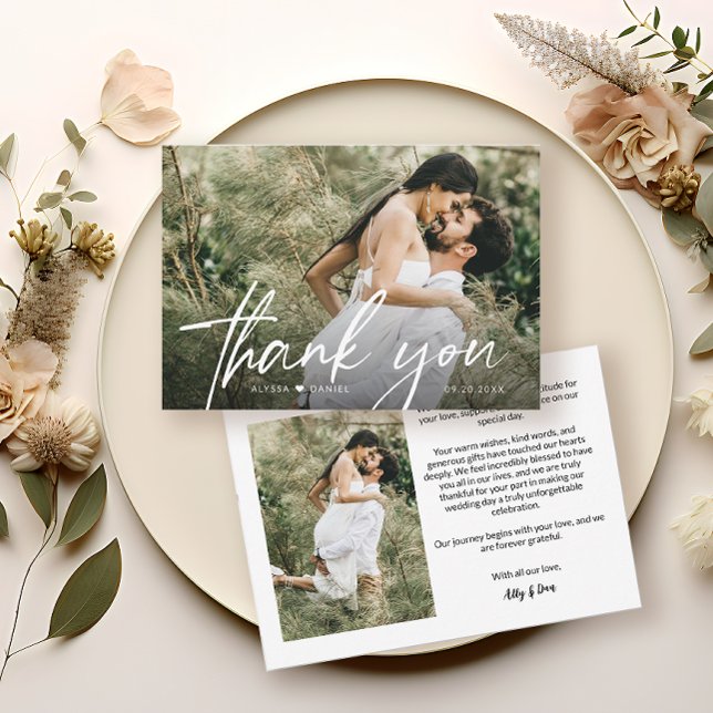 Elegant Chic Script Heart Wedding Photo Thank You Card (Wedding photos, simple thank you card with personal message. Chic, modern and simple.)