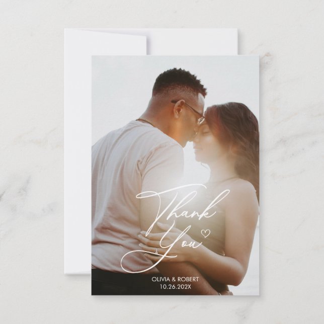 Elegant Chic Script Love Heart Wedding Photo Thank Thank You Card (Back)