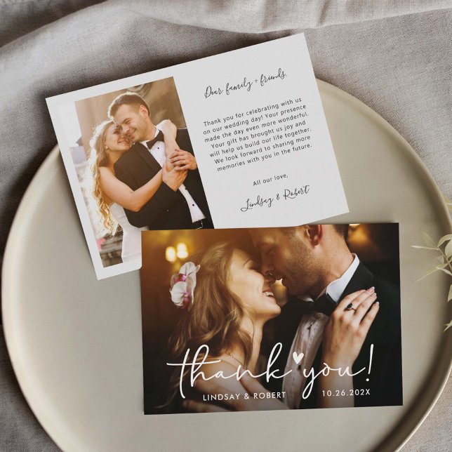 Elegant Chic Script Love Heart Wedding Photo Thank You Card (Creator Uploaded)