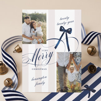 Elegant Chic Script Navy Bow Merry Christmas Photo Holiday Card