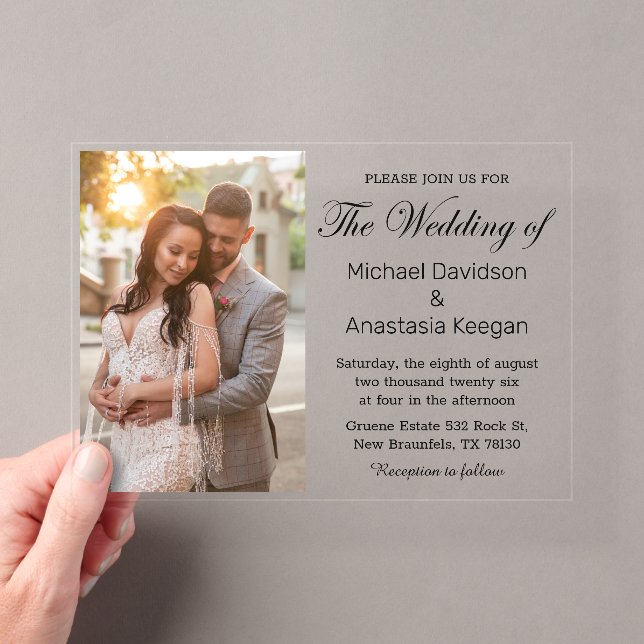 Elegant Chic Script Photo Wedding Clear  Acrylic Invitations (Insitu (Handheld))