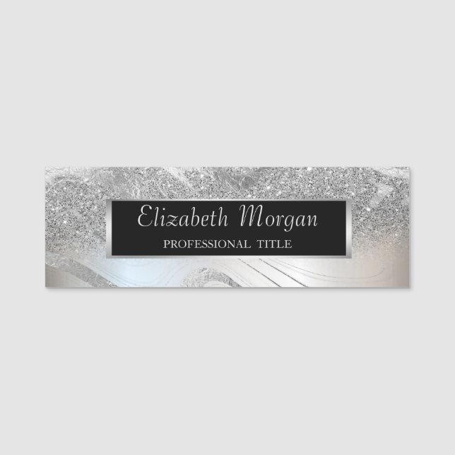 Elegant Chic Silver  Frame, Glitter Ombre Name Tag (Front)
