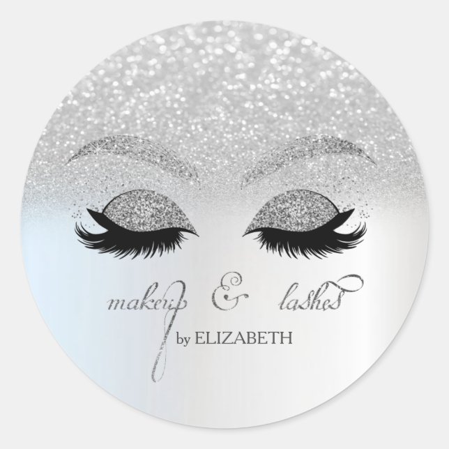 Elegant Chic Silver Glitter Bokeh, Faux Lashes Classic Round Sticker (Front)