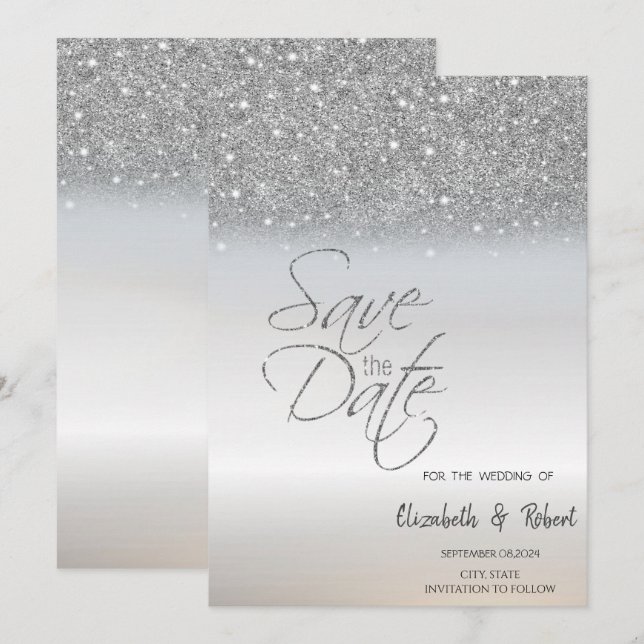 Elegant Chic Silver Glitter Bokeh Save The Date (Front/Back)