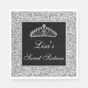 Elegant Chic Silver Glitter Tiara Sweet 16 Napkin