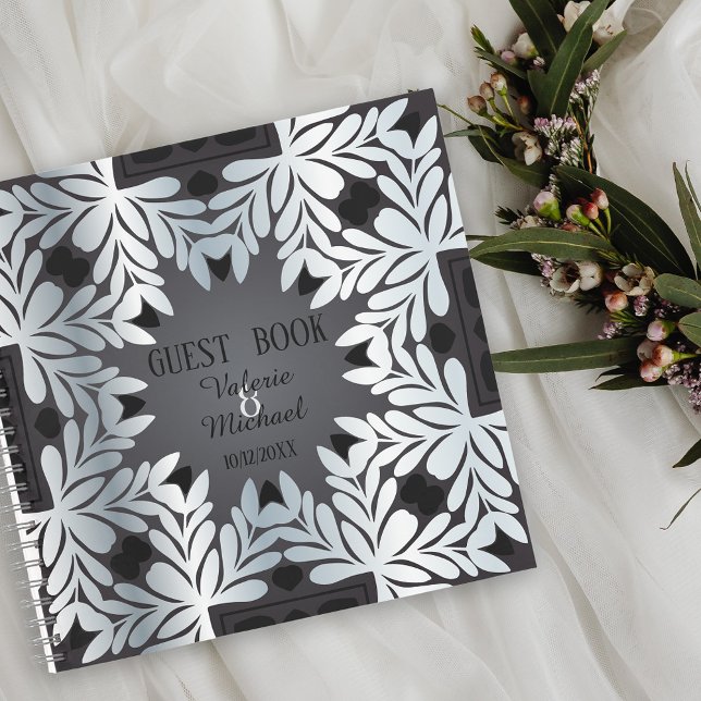 Elegant Chic Silver Leafy Frame Wedding Guest Book (Creator Uploaded)