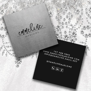 Elegant Chic Silver Modern Minimalist Black  Square Business Card