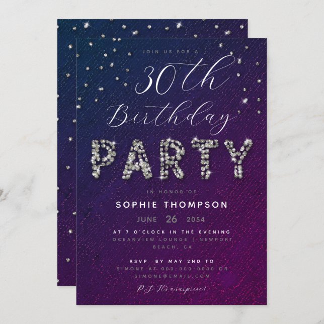 Elegant Chic Sparkle Glitter Purple Birthday Party Invitation (Front/Back)