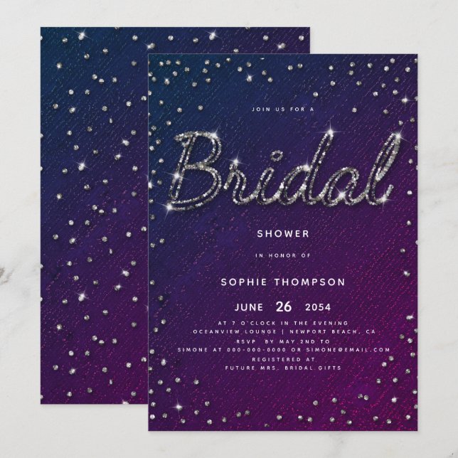 Elegant Chic Sparkle Glitter Purple Bridal Shower Invitation (Front/Back)