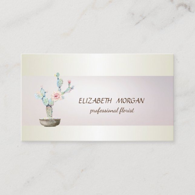 Elegant Chic Stripe Watercolor Cactus Succulent Business Card (Front)