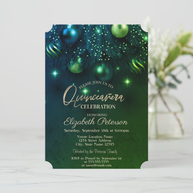 Elegant Chic Stylish Ornaments Green Quinceañera Invitation (Standing Front)