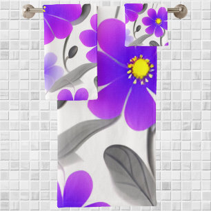 Elegant Chic Stylish Purple Floral Bath Towel Set