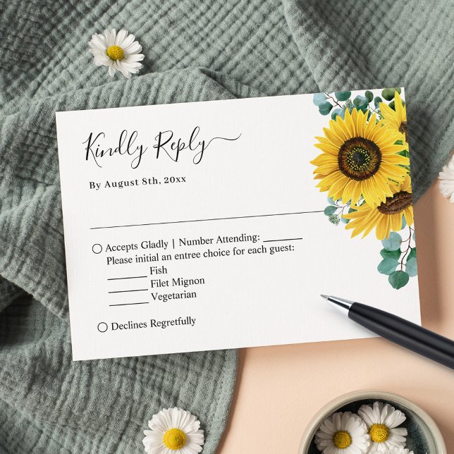Elegant Chic Sunflower Eucalyptus Leaves Wedding RSVP Card (Creator Uploaded)