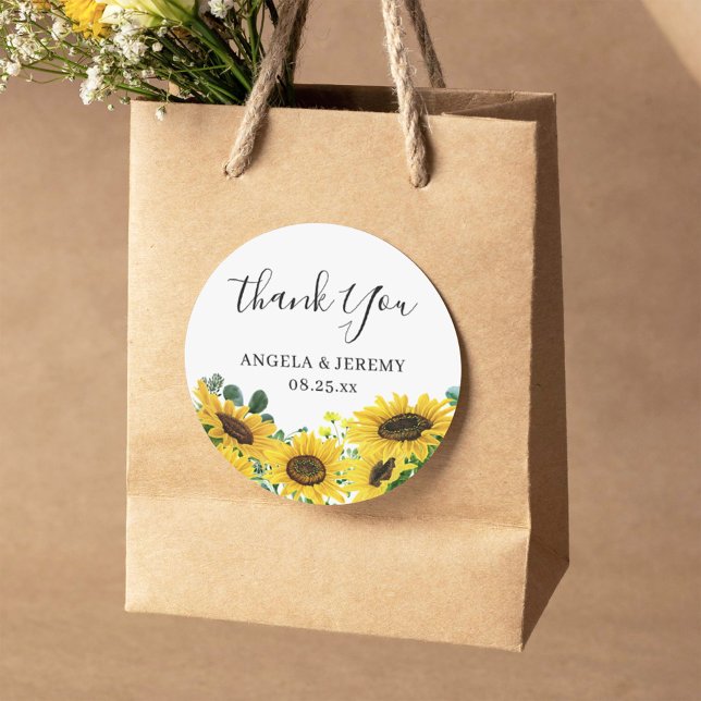 Elegant Chic Sunflower Eucalyptus Thank You Classic Round Sticker (Creator Uploaded)