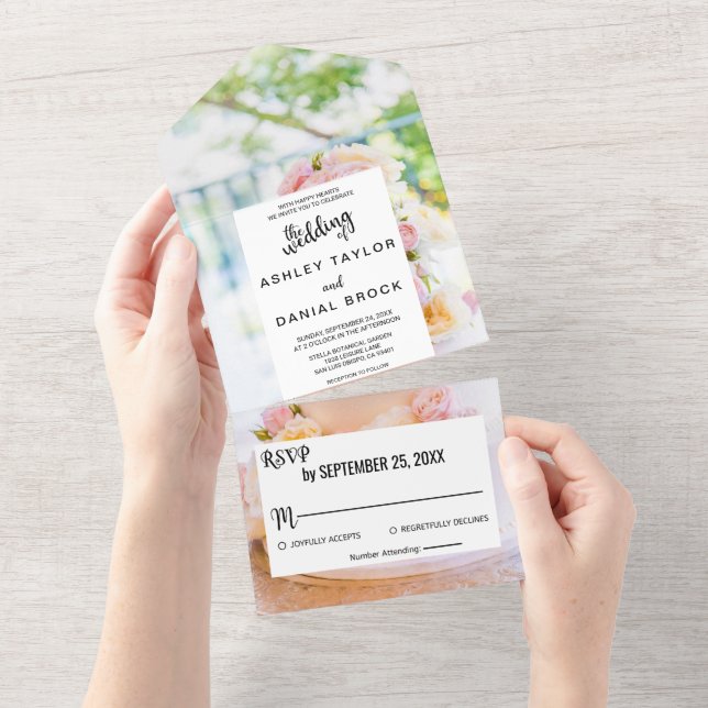 Elegant chic tart white pink roses floral Wedding  All In One Invitation (Tearaway)