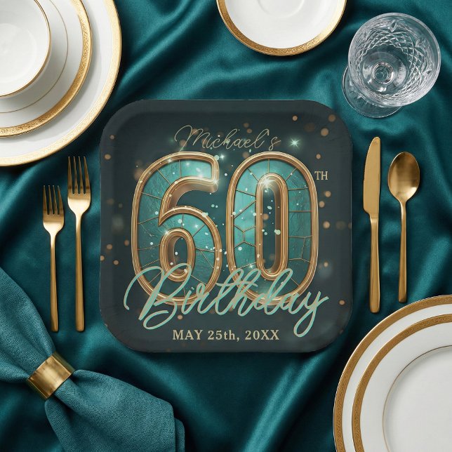 Elegant Chic Teal and Gold 60th Birthday Party Paper Plate (Creator Uploaded)