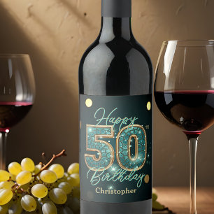 Elegant Chic Teal and Gold Metallic 50th Birthday Wine Label