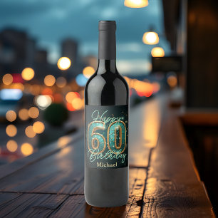 Elegant Chic Teal and Gold Metallic 60th Birthday Wine Label