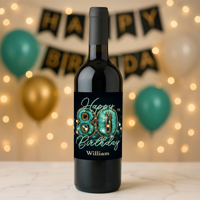 Elegant Chic Teal and Gold Metallic 80th Birthday Wine Label (Creator Uploaded)