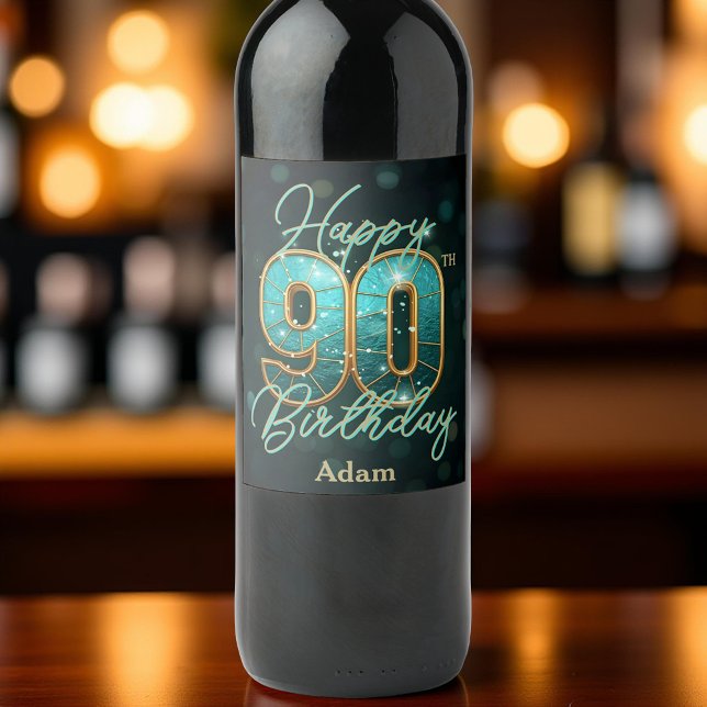 Elegant Chic Teal and Gold Metallic 90th Birthday Wine Label (Creator Uploaded)