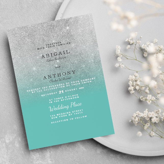 Elegant chic teal silver glitter ombre wedding  invitation (Elegant chic teal silver glitter ombre wedding )