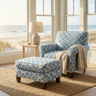 Elegant Chic Trendy Blue & White Geometric Pattern Fabric