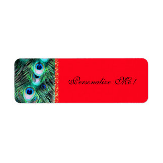 Elegant Chic Trendy Red/Green Peacock & Glitter Return Address Label