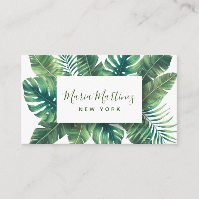 Elegant Chic Tropical Green Leaves Business Card (Front)