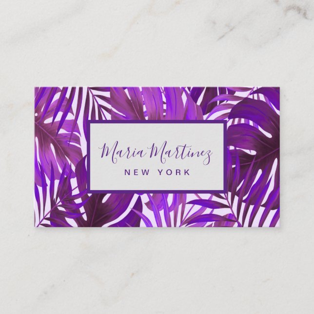 Elegant Chic Tropical Purple Leaves Business Card (Front)
