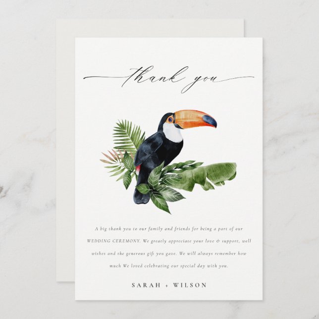 Elegant Chic Tropical Rainforest Toucan Wedding Thank You Card (Front/Back)