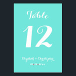 Elegant Chic Turquoise White Wedding Bridal Shower Table Number<br><div class="desc">Create your own custom, personalised, elegant, stylish, beautiful white typography script, modern chic turquoise and white, high-quality table number card, featuring the bride & groom's names and the wedding date. Perfect for wedding, bridal shower, anniversary celebrations, dinner party, or other special occasion. To customise, simply type in the table number,...</div>