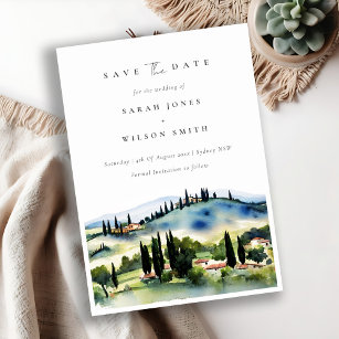 Elegant Chic Tuscany Italy Watercolor Landscape Save The Date