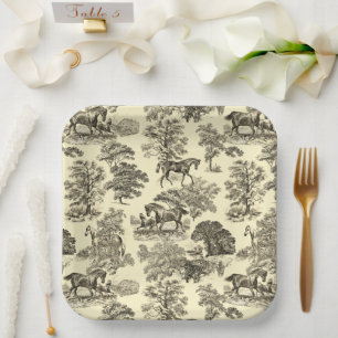 Elegant Chic Vintage Beige Rustic Horses Toile Paper Plate