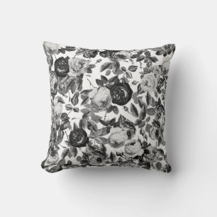 Elegant Chic Vintage Black and White Roses Floral Cushion