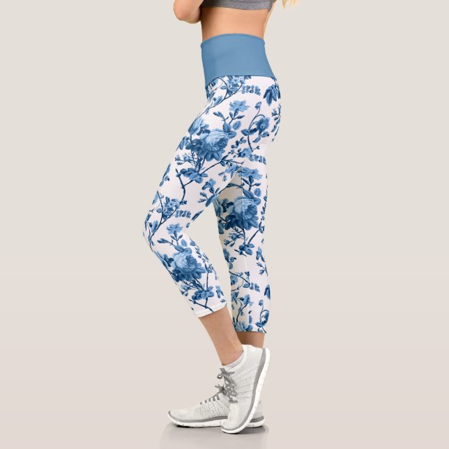 Elegant Chic Vintage Blue Rose Floral Capri Leggings (Left)