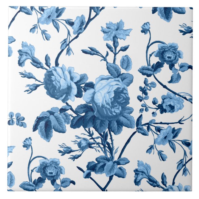 Elegant Chic Vintage Blue Rose Floral Ceramic Tile (Front)