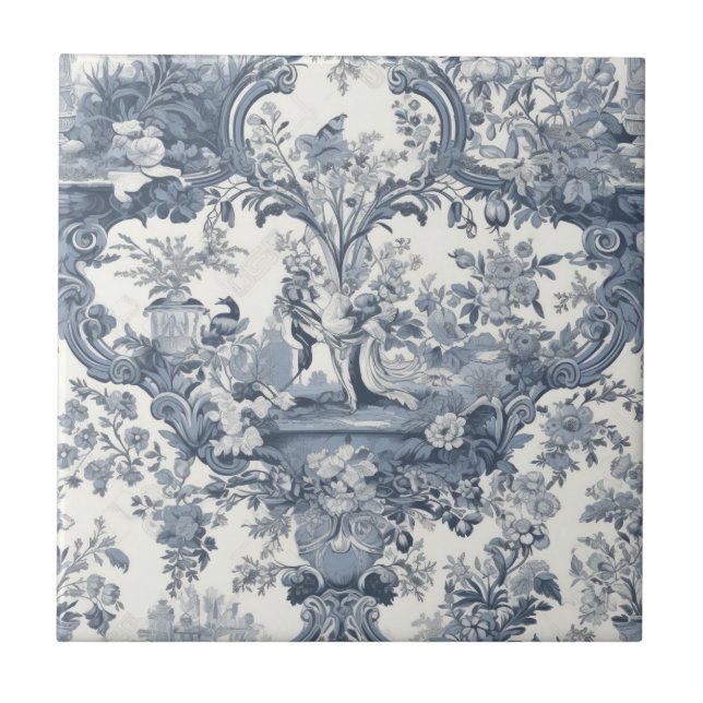 Elegant chic vintage Blue toile de jouy Ceramic Tile (Front)