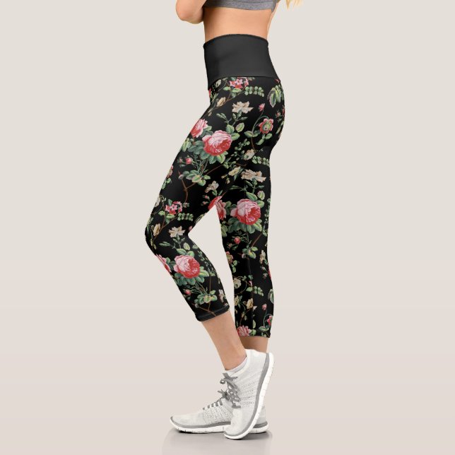 Elegant Chic Vintage Pink Rose Floral  Capri Leggings (Left)