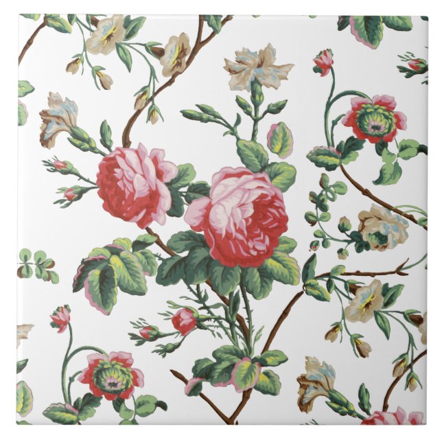 Elegant Chic Vintage Pink Rose Floral Ceramic Tile (Front)