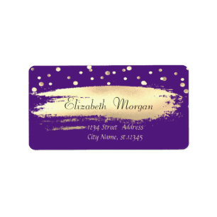 Elegant Chic Violet, Gold Confetti, Brush Stroke Label