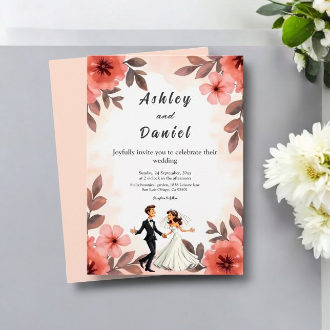 Elegant Chic Watercolor Floral Bride Groom Wedding Invitation (Creator Uploaded)