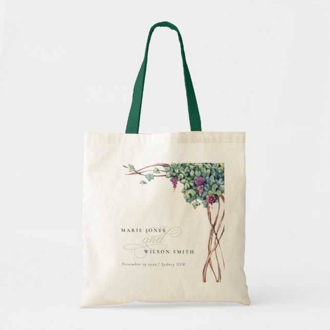 Elegant Chic Watercolor Grapevine Foliage Wedding Tote Bag (Front)