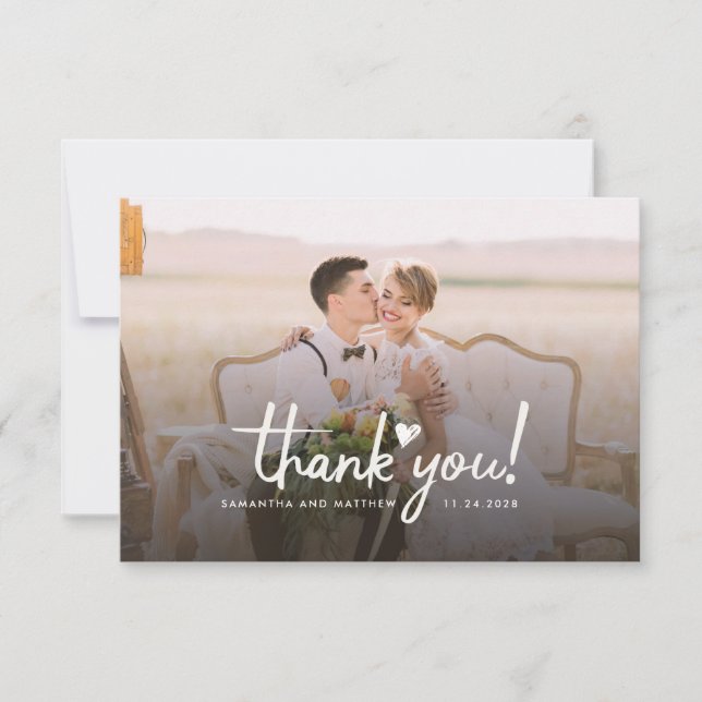 Elegant Chic Wedding Photo Hand-Lettered Thank You Card (Front)