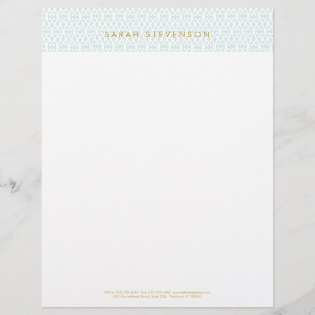 Elegant Chic White and Turquoise Lattice Pattern Custom Letterhead (Front)