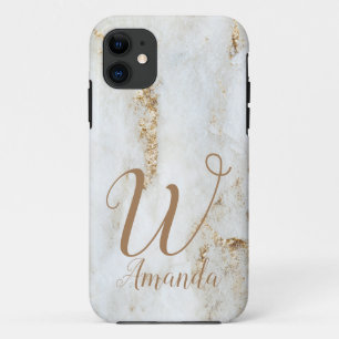 Elegant chic White Gold Grey Marble Monogram Name iPhone 11 Case