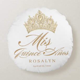 Elegant Chic White Gold Quinceanera Round Cushion