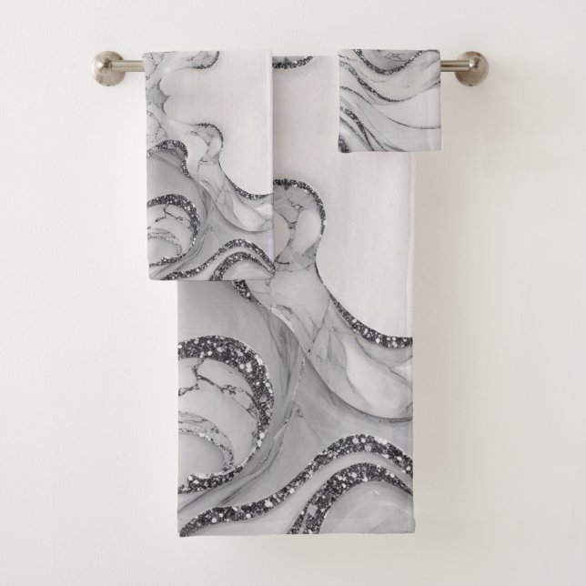 Elegant chic white gray silver marble Patterns Bath Towel Set (Insitu)