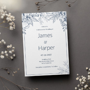 Elegant chic white grey blue floral Wedding Invitation